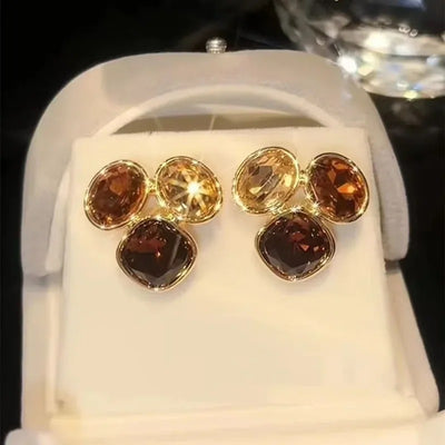 French High-end Brown Crystal Earrings