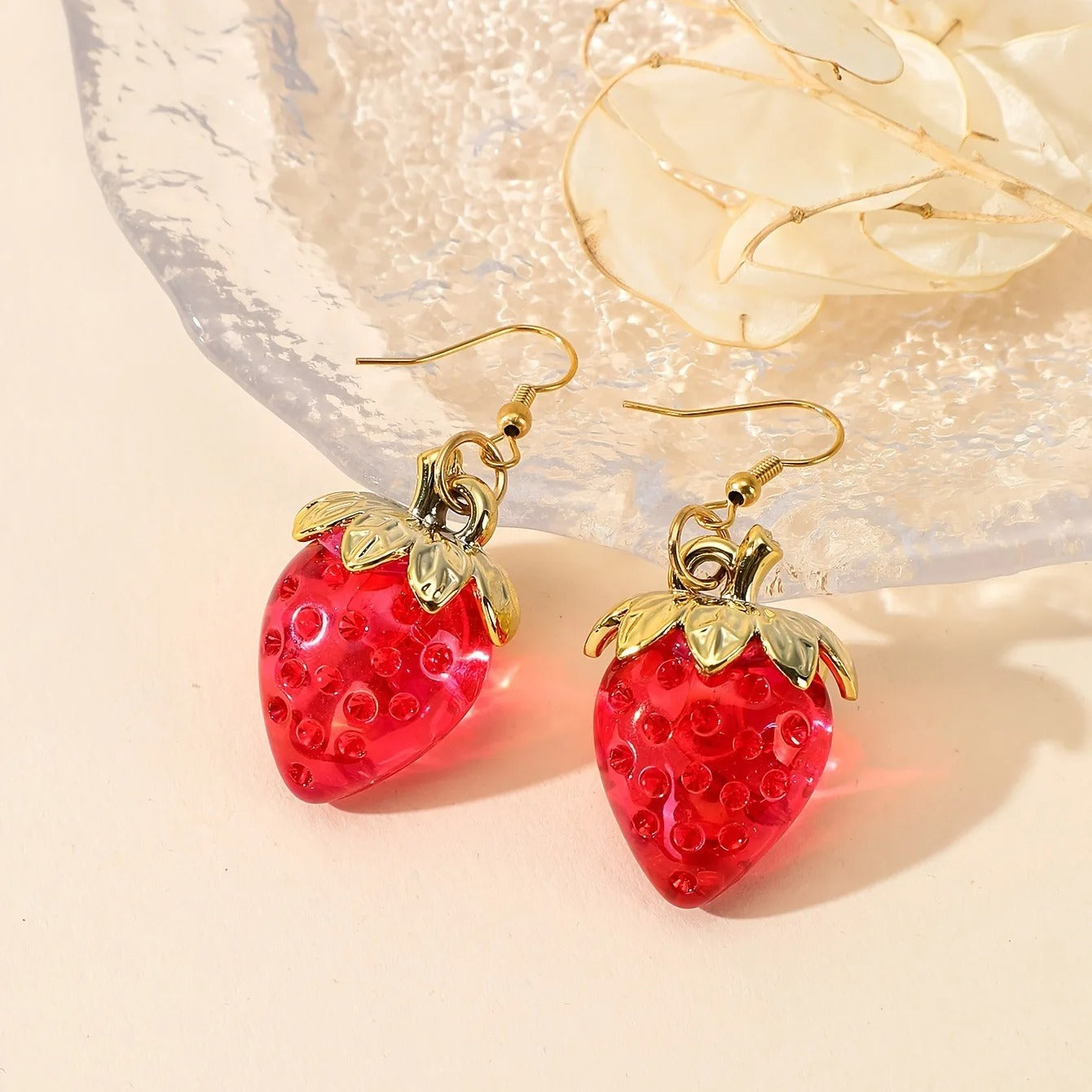 Korean Resin Strawberry Bowknot Drop Earrings