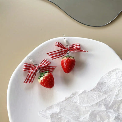 Korean Resin Strawberry Bowknot Drop Earrings