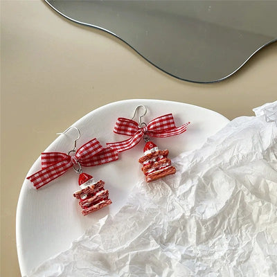 Korean Resin Strawberry Bowknot Drop Earrings